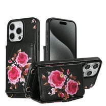 for iPhone 16 Mirror Wallet Case with Card Holder, Floral Flower Print Back Flip Folio PU Leather Kickstand Shoulder Strap / Wristlet Magnetic Clasp Cover for iPhone 16, Black