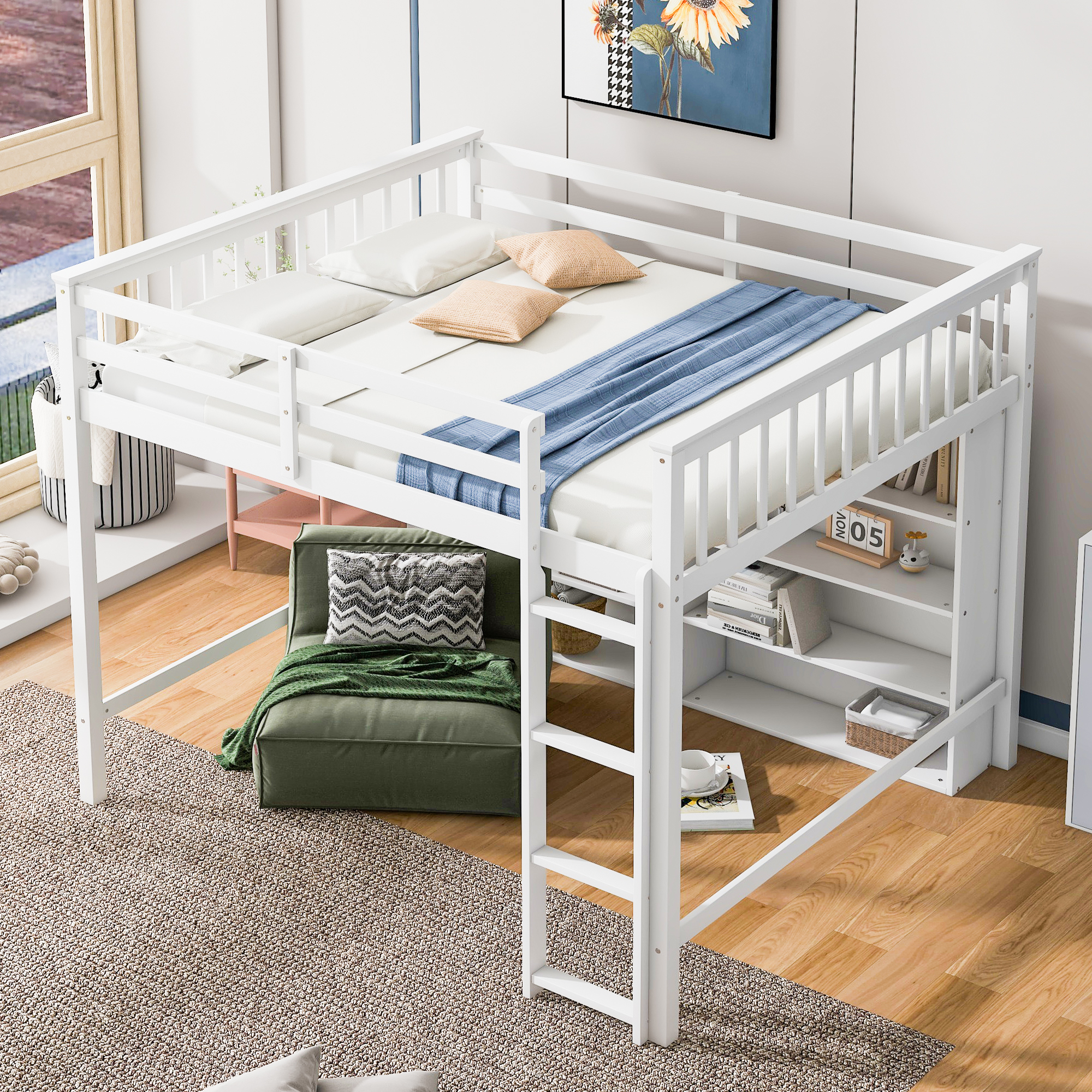 Euroco Wood Full Size Loft Bed with Shelf for Kids Bedroom, Functional Storage Shelf and Display Case, Open Bookcase for Kids Teens Adults, White