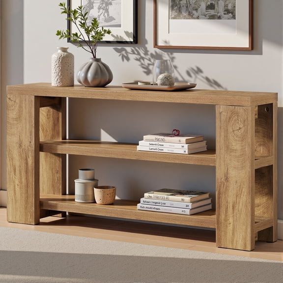 Spaco Rectangular Rustic Console Table with Oak Wood Desktop, 3-Tier Open Shelving Base for Indoor as Living Room, Bedroom, Brown