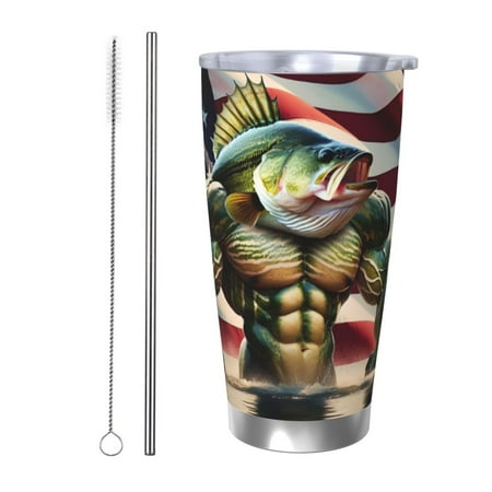 

Lukts giant bass with big muscles for 20OZ Car Cup Stainless Steel Direct Drinking Straw Thermos Cup Suitable for Office Travel and Car-Straw Two-piece Set