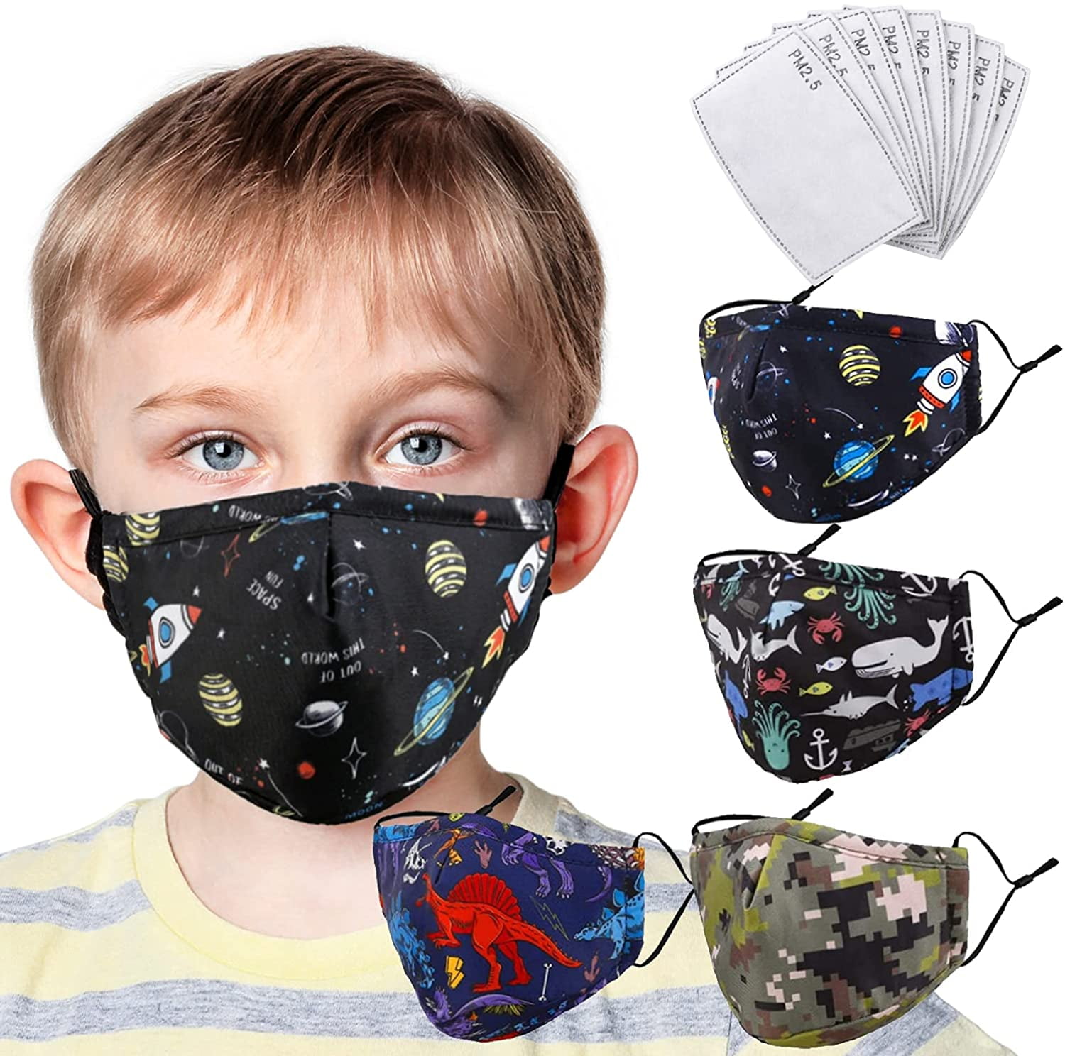 GPURE 5 Pcs Camo Children Cotton Dust Face Cloth With Breather Washable Reusable Windproof Outdoor Cycling Sport Half Face Earloop For Kids Boy Girl Haze Fog Protection With Filter Pocket 