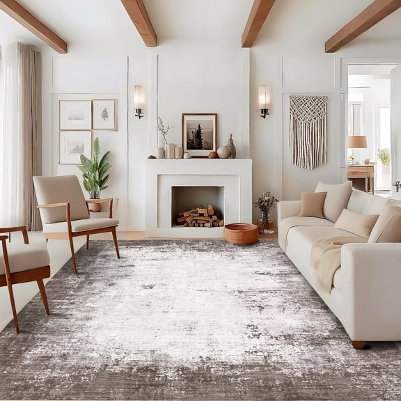 HOMERRY Abstract Border Print Non Slip Area Rug 8' x 10' for Living Room Washable Indoor Carpet, Brown