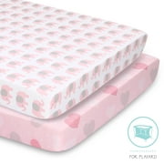 The Peanutshell Fitted Pack and Play Sheets for Baby Girls, 2 Pack Set, Pink Elephants and Hearts