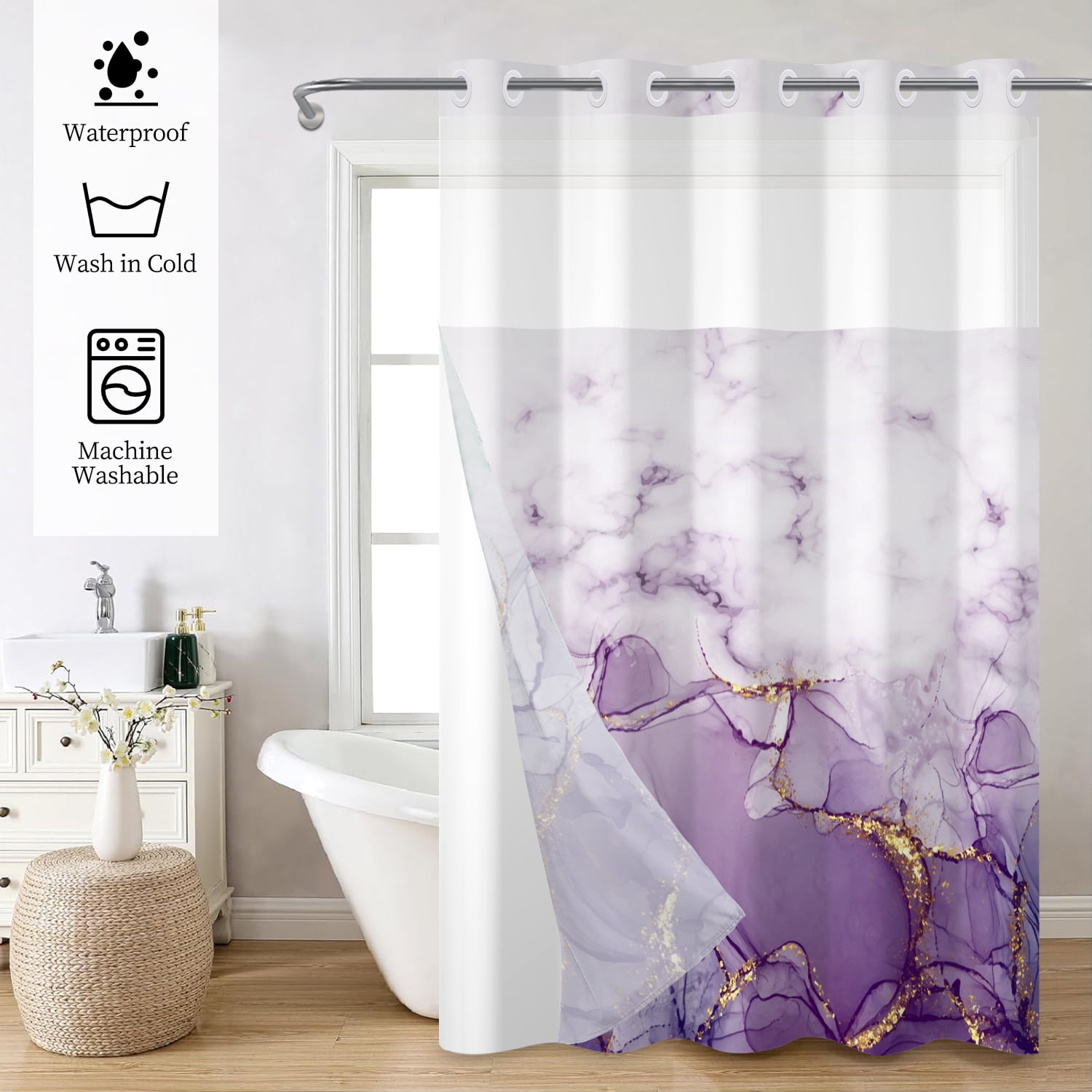 Mizhona Shower Curtain with Liner Purple Marble No Hook Shower Curtain for Bathroom ,71"x74"