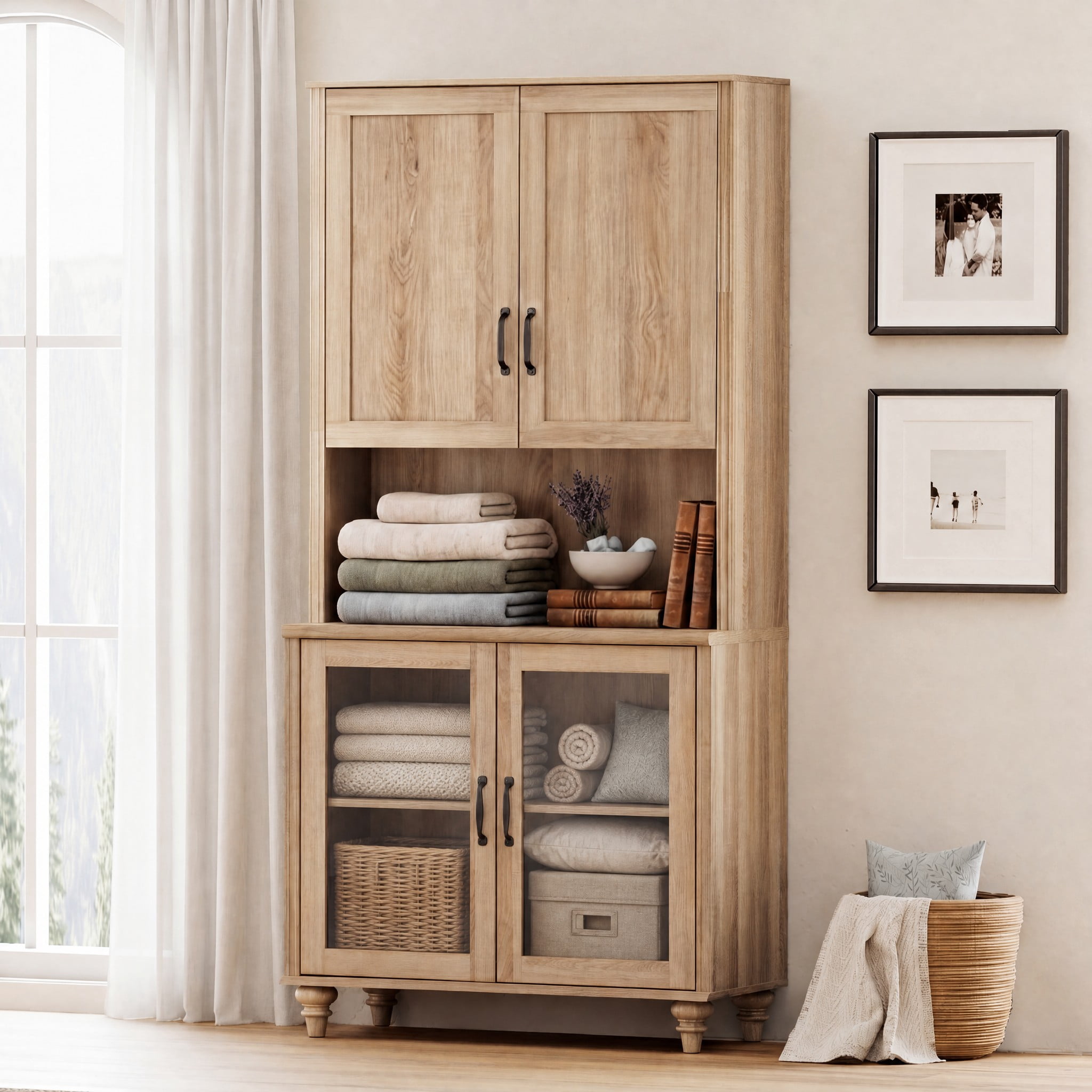 Oak 5-Tier Bookcase with Adjustable Shelf, Farmhouse Library Wooden Bookshelves for Living Room, Office, Study Room