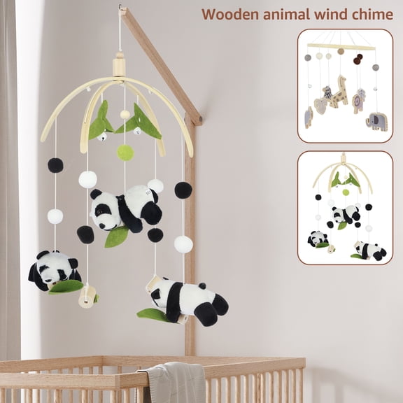 GHOJET Panda Baby Crib Mobile Bed Bell,Wooden Hanging Baby Bed Bell Handmade Wildlife Nursery Mobile Soft Wooden Bed Bell Toy Cot Bed Pendant Decoration