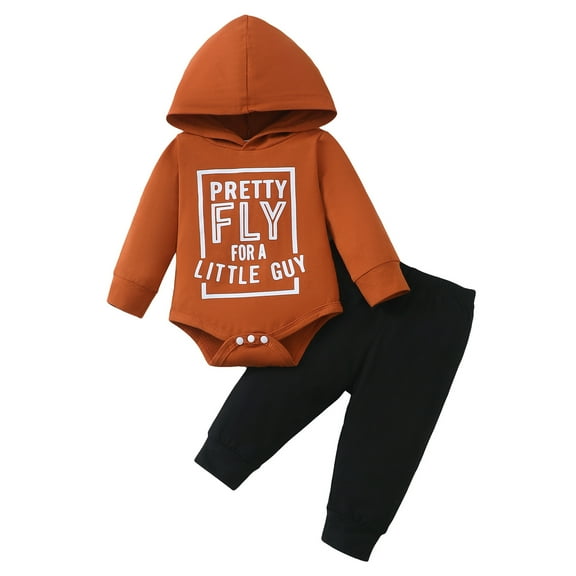 6 Months Baby Boys Clothes 9 Months Boys Pant Set Infant Boys Long Sleeve Letter Print Hooded Top Pants 2PCS Set Brown