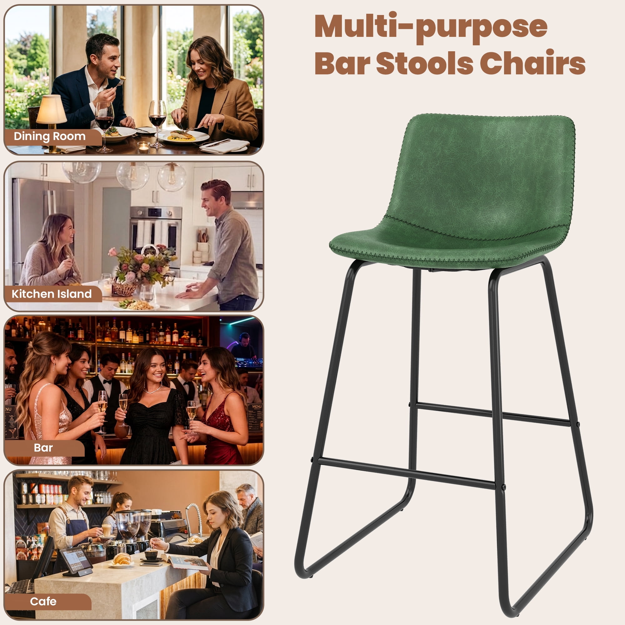 Aufeile 26" Counter Height Bar Stools Set of 3 – Modern Faux Leather Barstools with Back & Metal Legs, Kitchen Bar Chairs for Island, Dining Room, Green
