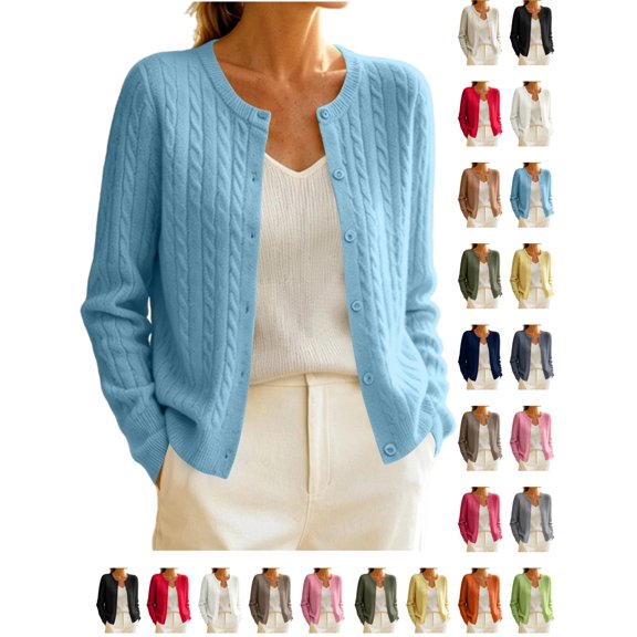 YgkuHd Womens Sweaters Cardigan Crewneck Knit Button Down Cotton Blend Blouses Solid Long Sleeve Casual Tops Warm Sweaters for Women_Light Blue,S
