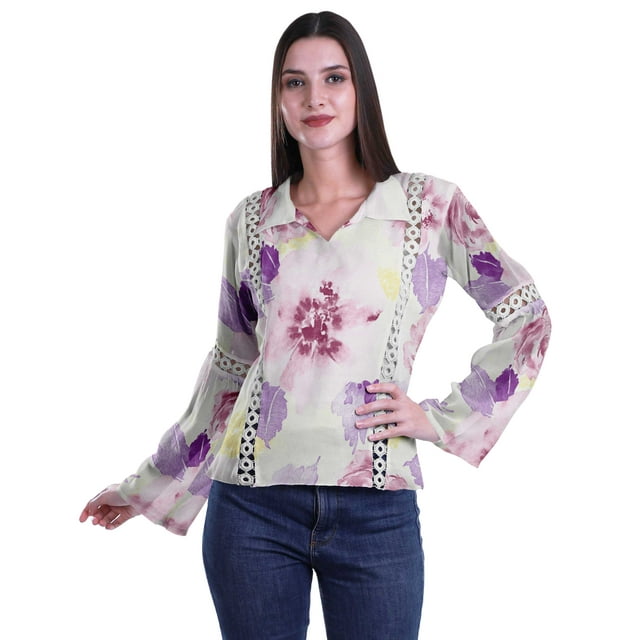 Moomaya Kurta Col Kurta Dentelle Détails Imprimé Manches Longues Tunique