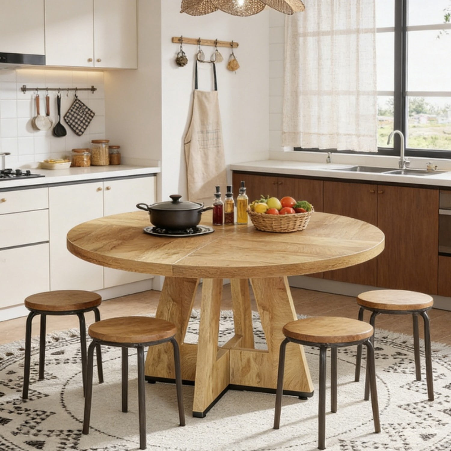 Round Dining Table, Farmhouse Wooden Kitchen Table, Seats 4, 47 in Tabletop, Rustic Brown