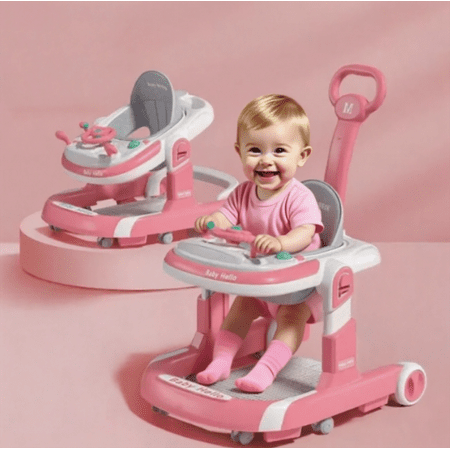 HENG Co. 5-in-1 Foldable Baby Walker with Foot Pads & Handles for Boys and Girls 6-24 Months, Pink
