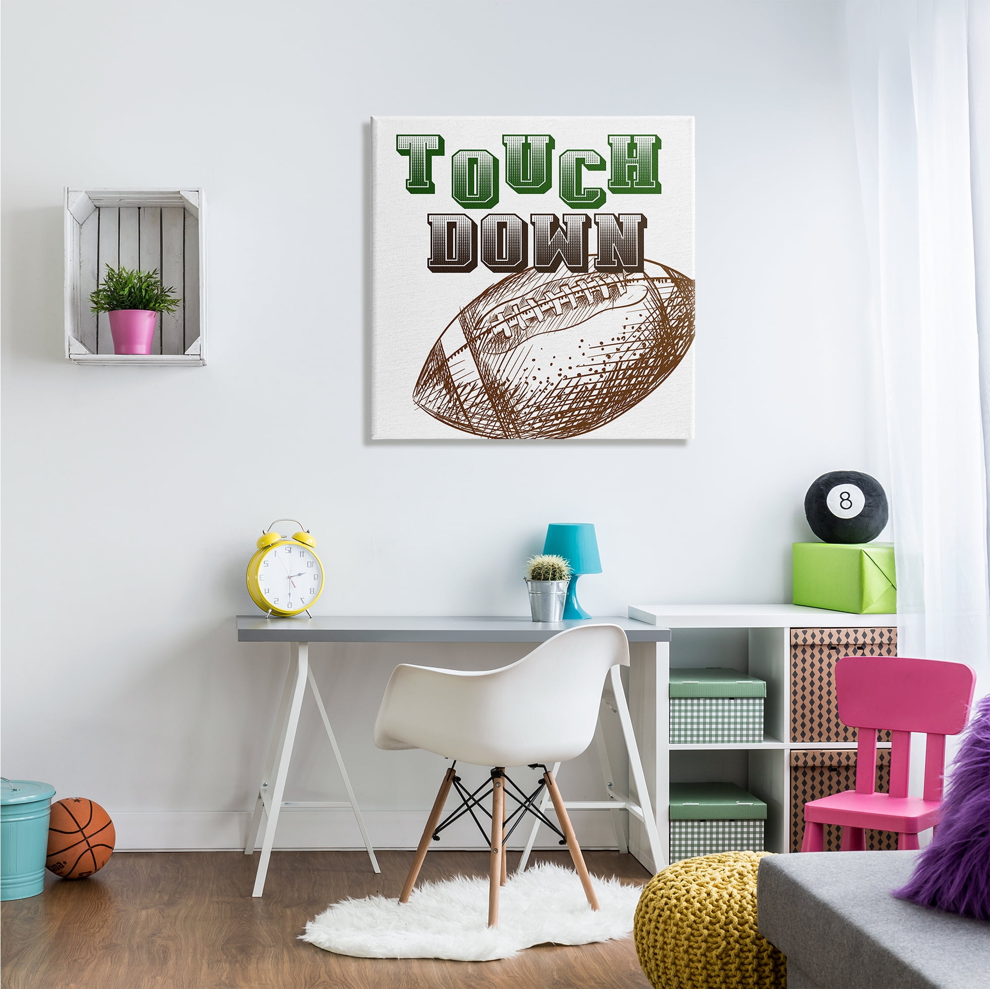 Stupell Industries Touch Down Football Sports Ball Green Varsity Typography Sports Painting Gallery Wrapped Canvas Print Wall Art, 30 x 30
