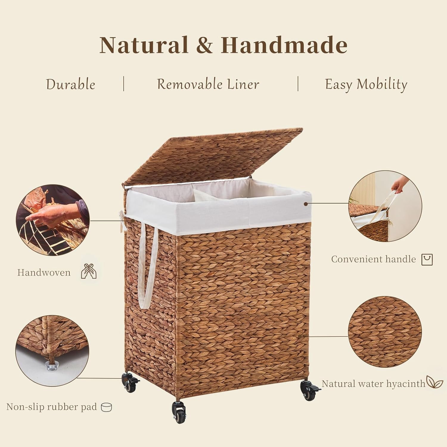 Casa Pura Furniture 2-Section Laundry Hamper with Lid, Water Hyacinth Woven Laundry Sorter with Removable Liners, Rolling or Non-Slip Design