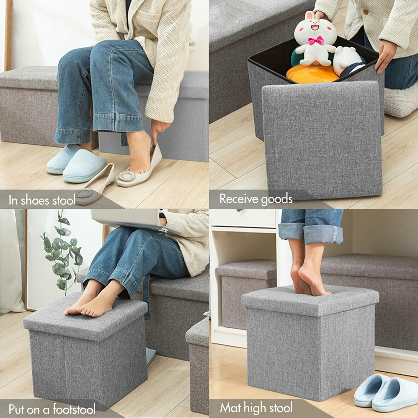 ANMINY Folding Storage Ottoman Cube, Gray photo 4