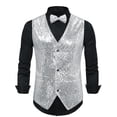 thumbnail image 5 of Chaleco sin mangas brillante de lentejuelas INSPIRE CHIC para hombres, corte ajustado en V, fiesta disco, corbata de moño, XL plateado, 5 of 5