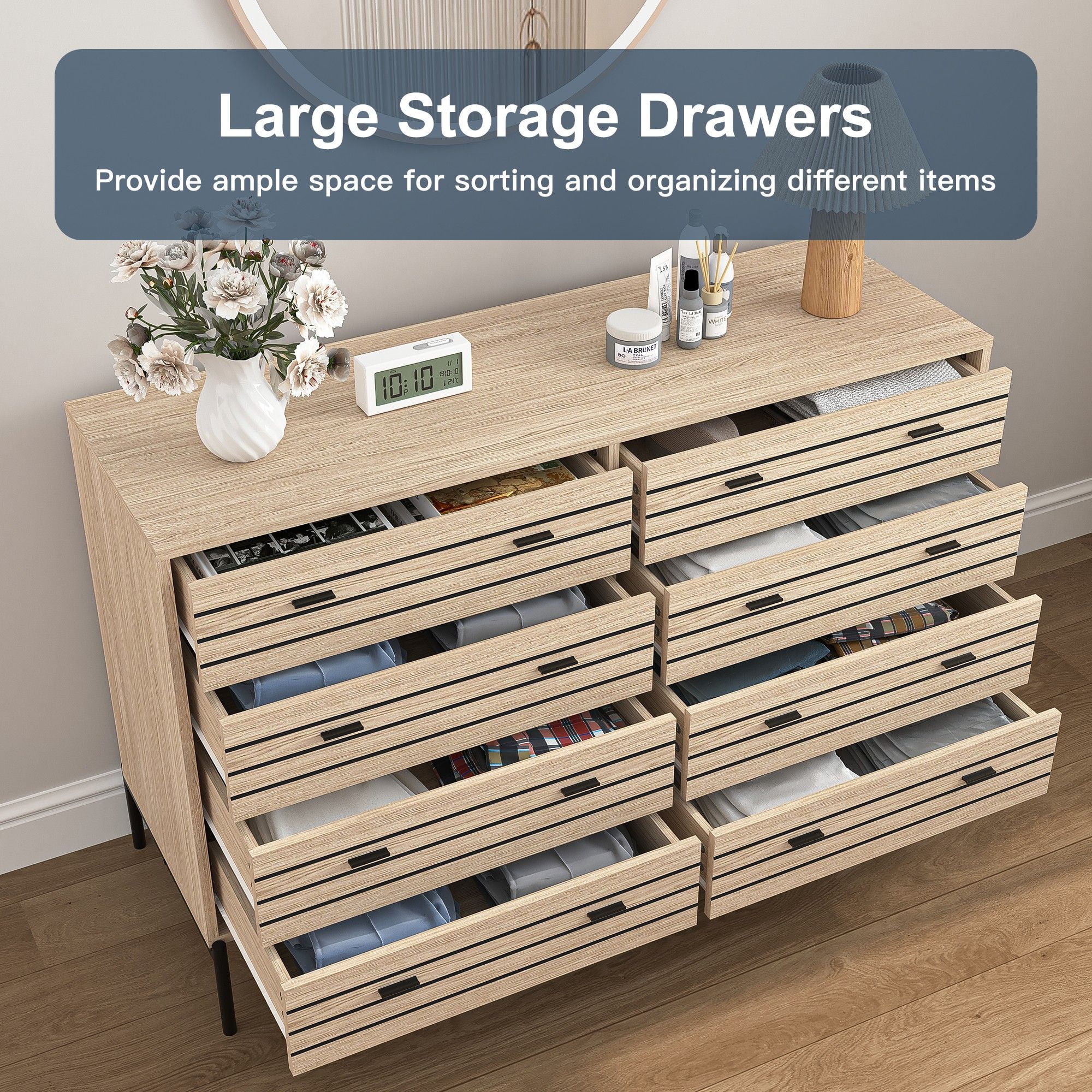 Finihen 8 Drawers Dresser, 47" Wide Modern Chest of Drawers with Curved Profile Design, Wood TV Stand Organizer for Bedroom, Living Room, Hallway, Beige Finihen 8 Drawers Dresser, 47" Wide Modern Chest of Drawers with Curved Profile Design, Wood TV Stand Organizer for Bedroom, Living Room, Hallway, Beige