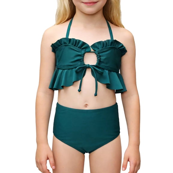 Girls Ruffled Swimsuits Cross-Tie Open Back Halter Swim Top & High Waisted Swim Bottoms Two Piece Beachwear (11-12 Years, Green)