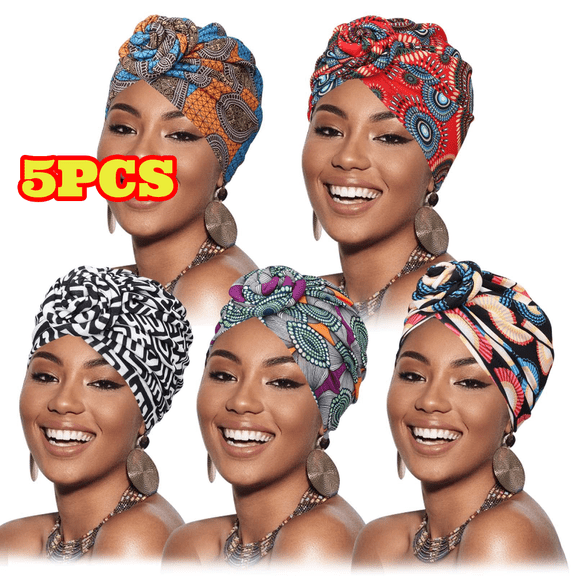 5pcs African Pattern Head Wraps, Pre-Tied Bonnet Turban, Knotted Beanie Head Cap for Women