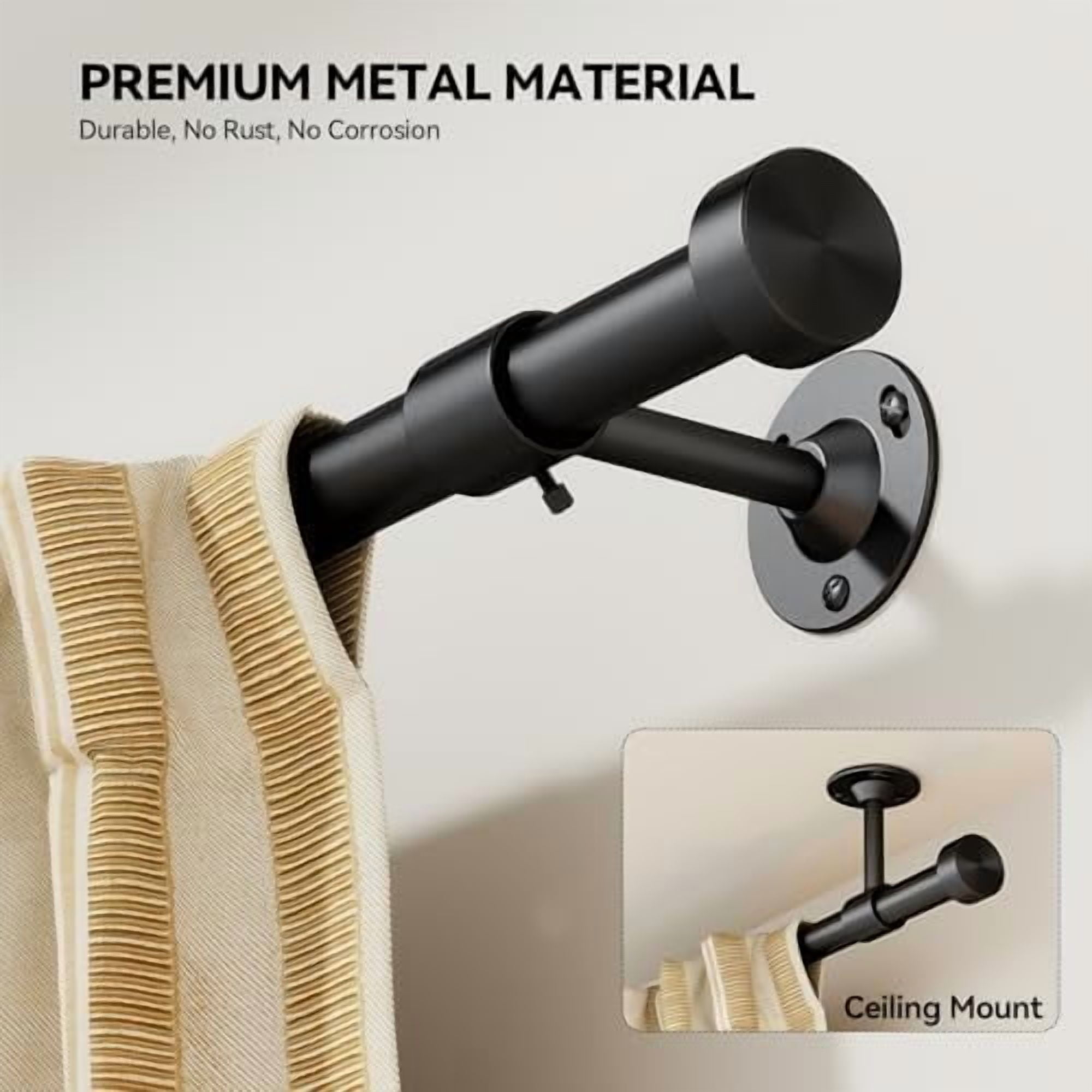 Heavy Duty Curtain Rod 32-150 Inch, 1 Inch Adjustable Black Curtain Rods for Windows, Extra Long Window Treatment Rods with Aluminium Finials, Easy Installation