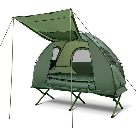 Patiojoy 1-Person Folding Camping Tent Cots for Adults 5-In-1 Single Folding Tent Combo with Sunshade Portable Elevated Tent with Air Mattress