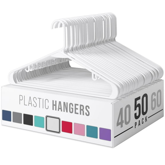 50 Plastic Hangers Bulk Pack, Sturdy Garment Hangers for Closet Organization, Slim Design Coat Hangers with Non Slip Surface, White