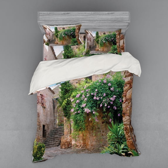 Ambesonne Landscape Bedding Set 4 Pcs, Summer Garden Flowers, Queen, Multicolor