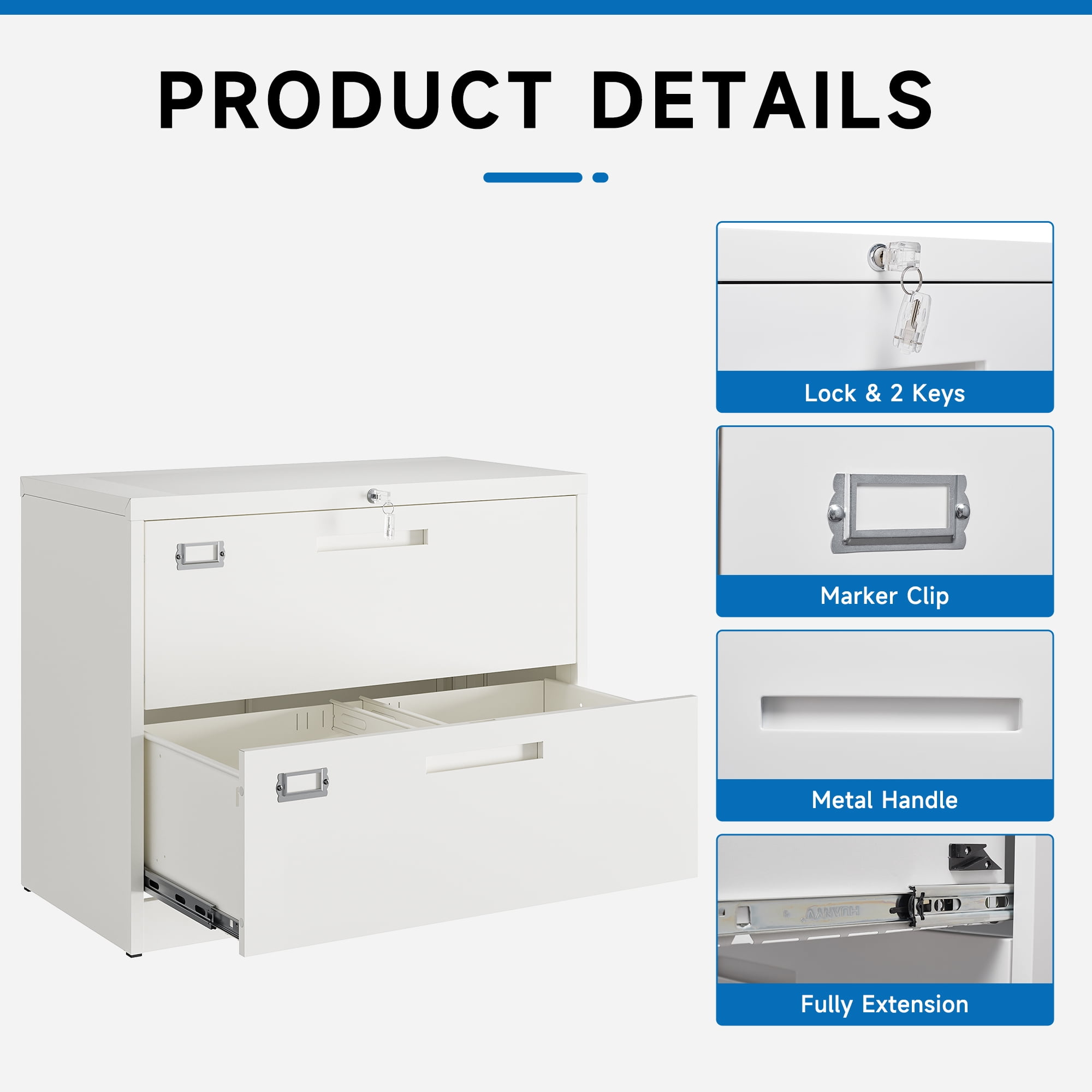 Fesbos Lateral File Cabinets with Lock,2 Drawer 28" Wide Metal Filing Cabinets,Hanging Letter/Legal/F4/A4 Size, Assembly Required - White
