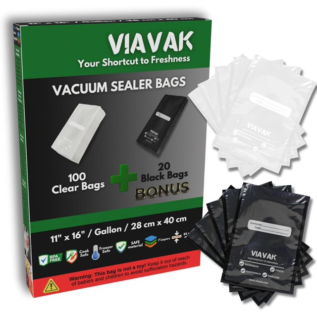 Biwat 11"x16" Gallon Vacuum Sealer Bags BUNDLE, 120 Pack (100 Clear + 20 Bonus Black), 7-Layer Commercial Grade, BPA-Free, Writable, Puncture-Resistant, Freezer Safe, for Meal Prep & Sous Vide