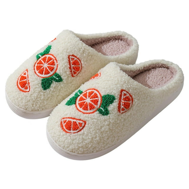 Womens Furry Slippers Large Size Soft Fleece Cartoon Fruits Oranges Memory Foam Soft Sole Comfortable Non-Slip Warm Winter Home Slippers Orange