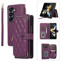 SaniMore for Samsung Galaxy Z Fold 4 Buisness Case, Zipper Purse [Card Holders] Magnetic Clasp Flip Kickstand Wrist/Crossbody Lanyard PU Leather Wear-resistant Full Protective Wallet Shell, Darkpurple
