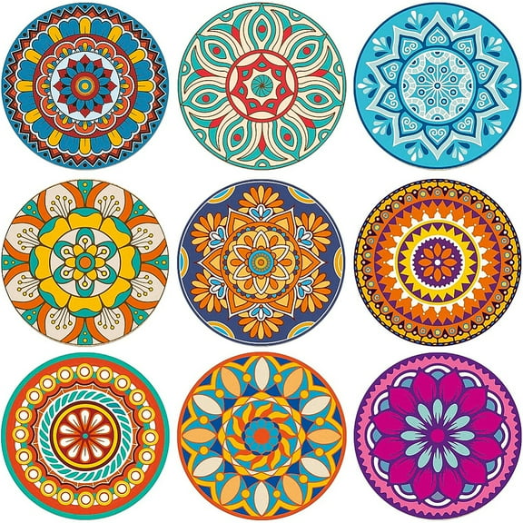 1set 9 Pieces Mandala Wood Drink Coasters 4" Flat Round Wood Printed Coasters Wood Cup Mats set for Wooden Table Home and Dining Room Decor 5mm Thick