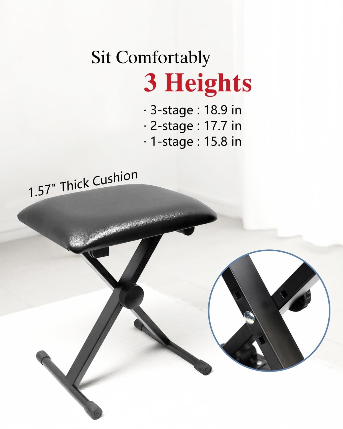 Extra Stability Piano Stand And Bench For 88-key & 61-key Keyboard  Adjustable Chair With Cushion Foldable X-style Padded Seat Compact Black