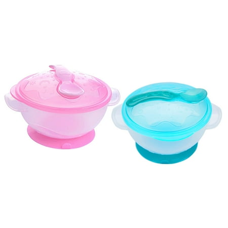 

2pcs Baby Feeding Double Handles Suction Bowl with Temperature Sensing Spoon Non-slip Infant Training Bowls Plastic Tableware (Pink+Blue)