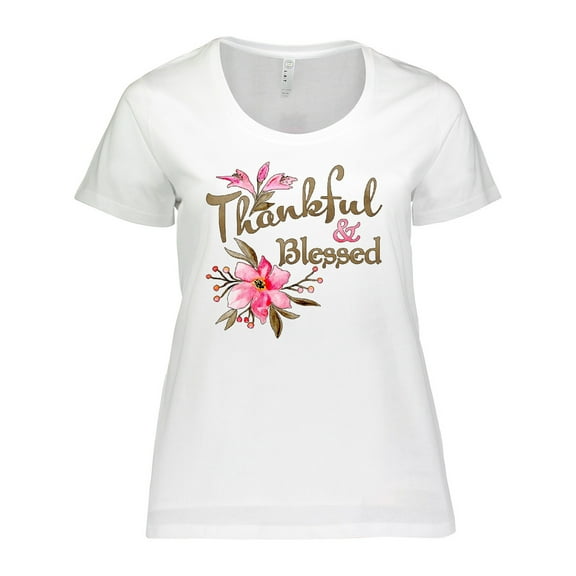 Inktastic Thankful and Blessed Inspirational Saying with Pink Flowers Women's Plus Size T-Shirt