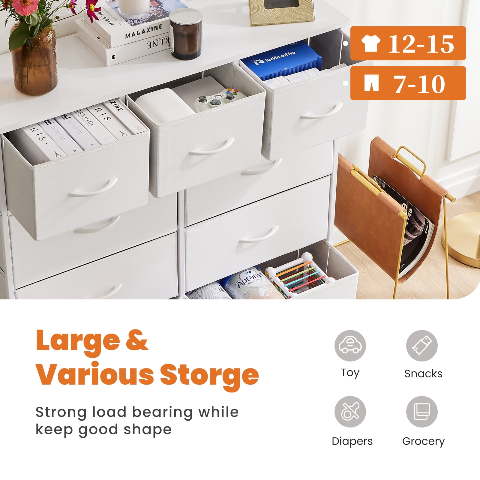 Gianna 9 Drawers Dresser, Fabric Drawer Cabinet for Home Office, Wihte