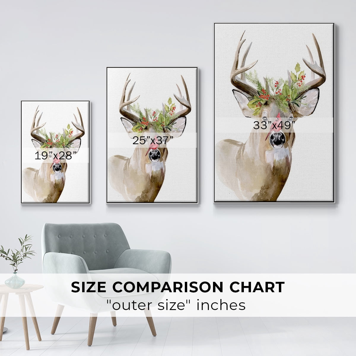 Holiday Deer II - Framed Gallery Wrapped Holiday Canvas - 27 x 41 - White Frame