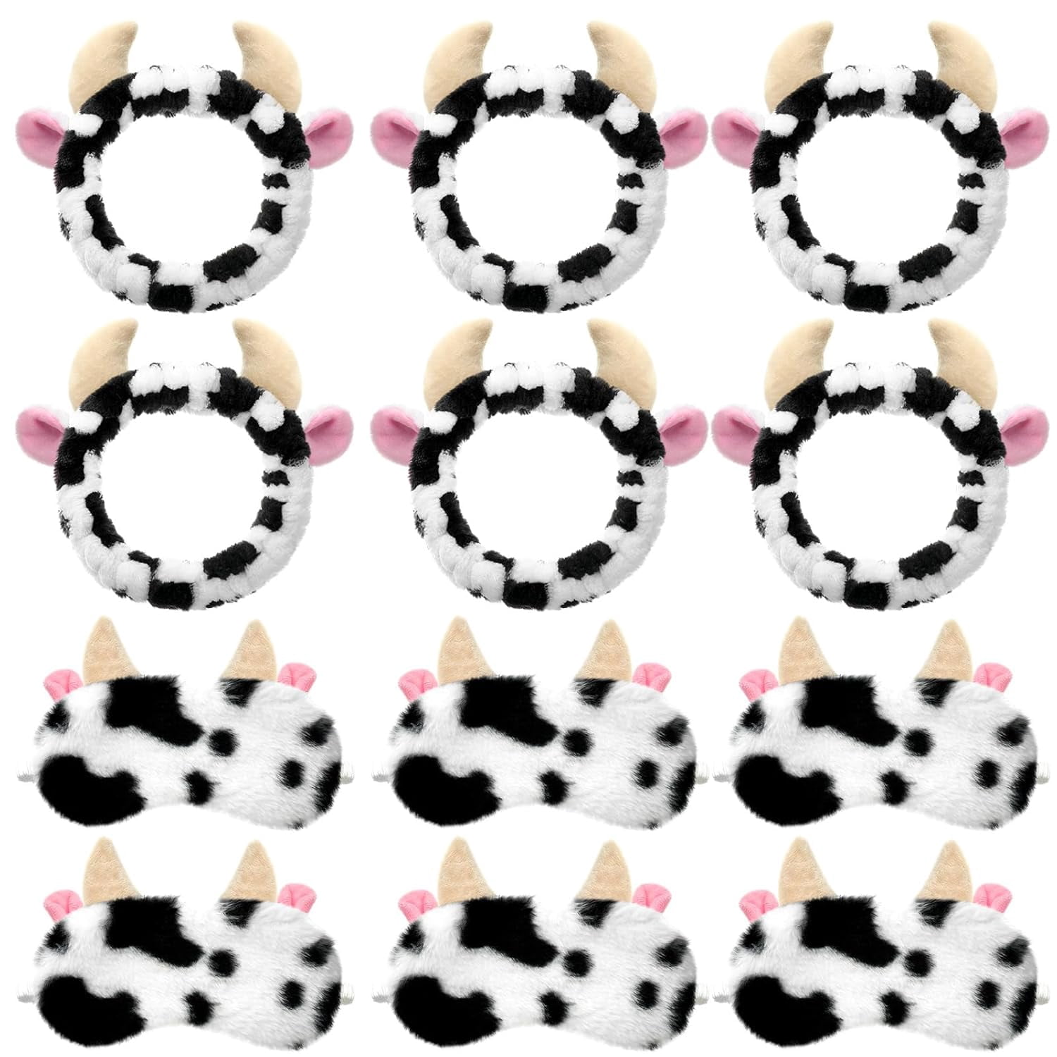 12 Pcs Cow Spa Sleepover Party Supplies for Women Soft Cow Ears Makeup Headband for Washing Face Cute Print Sleep Eye Mask for Sleepover Slumber Party Favors Gifts