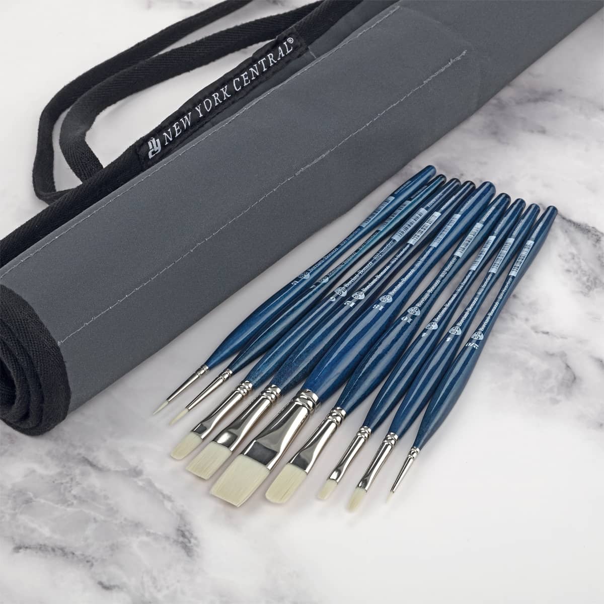 Borciani e Bonazzi Unico Bianco Synthetic Paint Brush Assorted Shapes -Set of 9 Plus Roll-Up Case - All Paint Types - Ergonomic Handle, Cruelty-Free, Brass Ferrule, Handcrafted in Italy