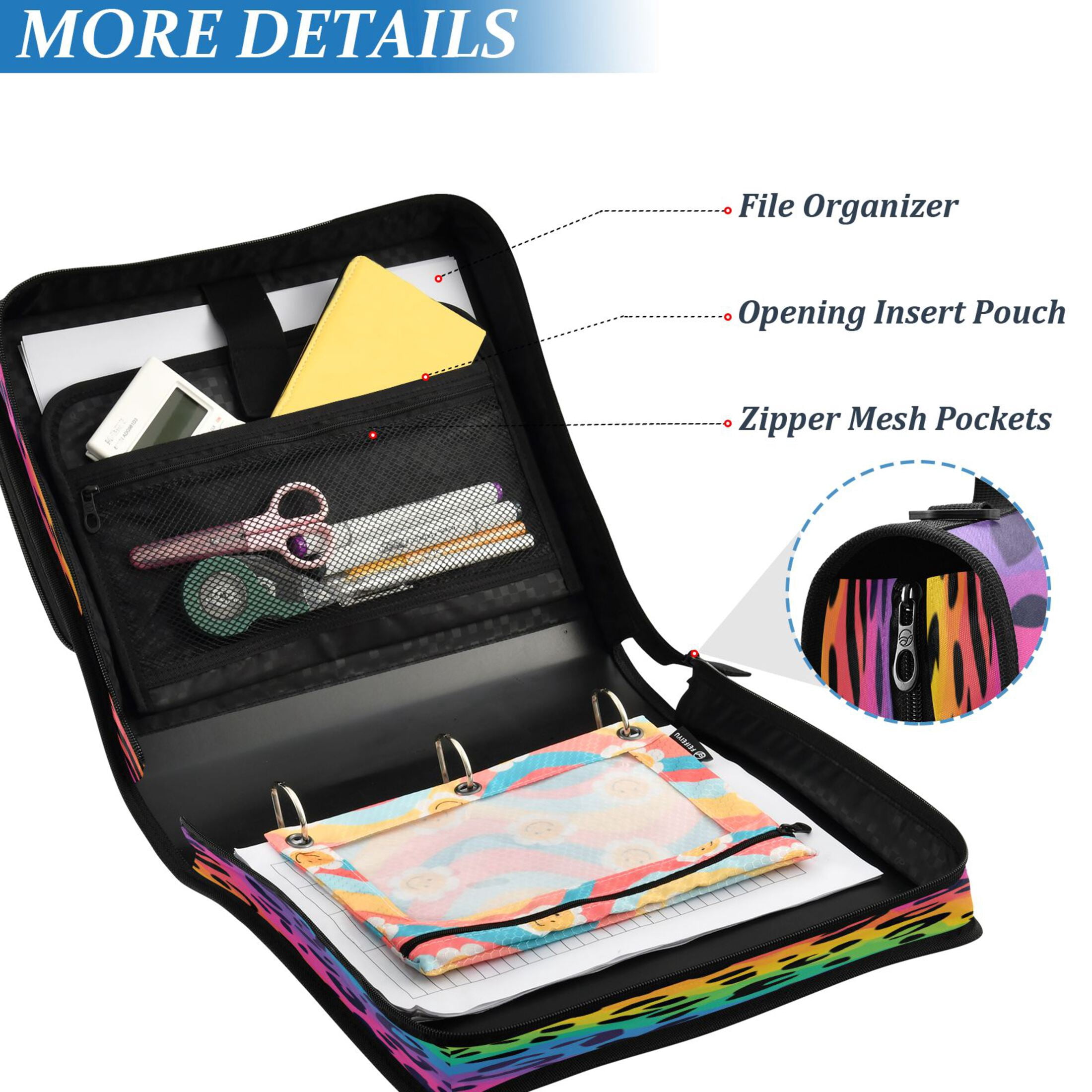 3 Ring Zipper Binder Stationery Organizer for Study Work Home Travel, All-Purpose File Folder Storage Bag for Daily Document Organization Bright Rainbow Stripe Cheetah Print