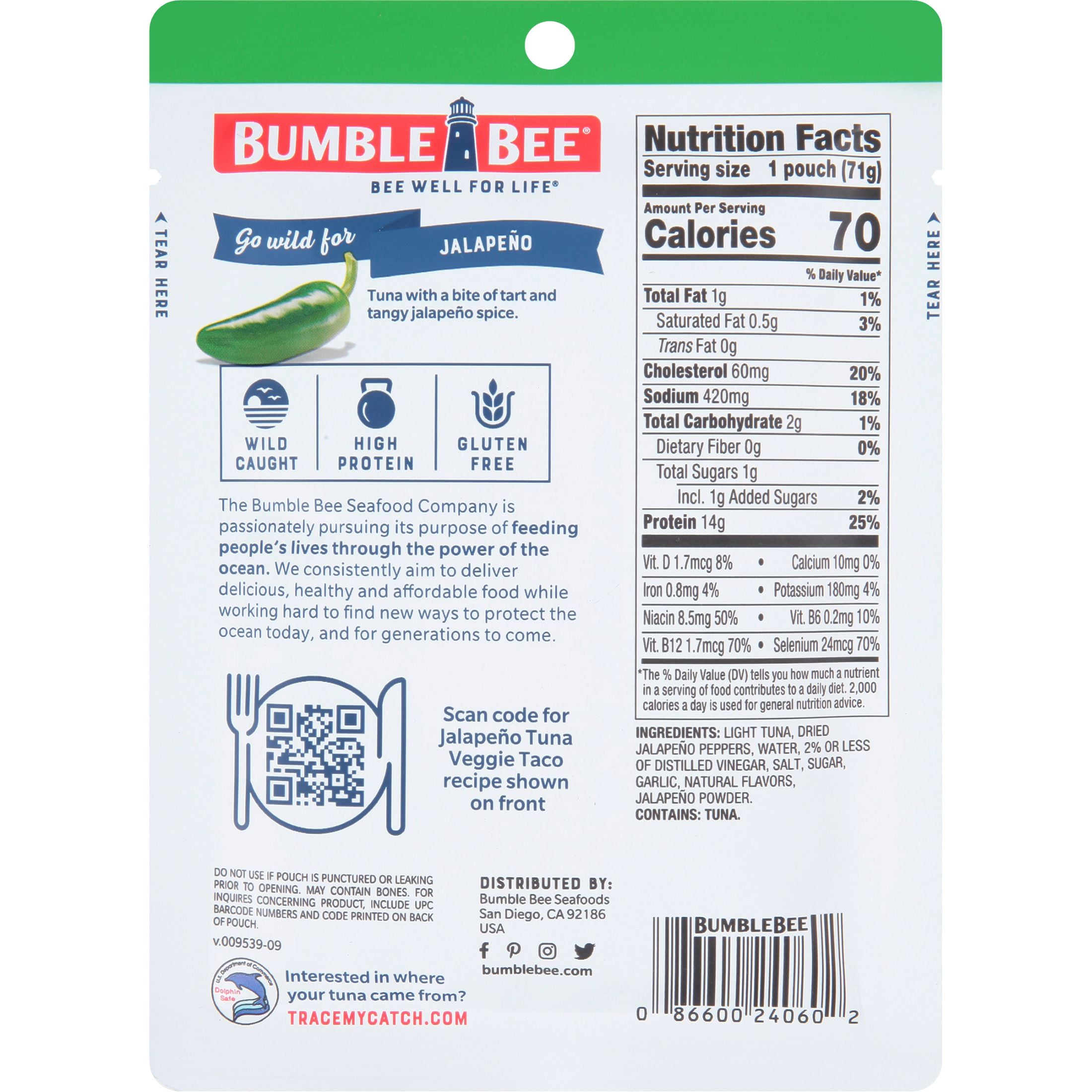 (4 pack) Bumble Bee Jalapeno Seasoned Light Tuna, Wild Caught, Gluten Free, 14g Protein per Serving, Ready to Eat, Shelf Stable Pouch, 2.5 oz
