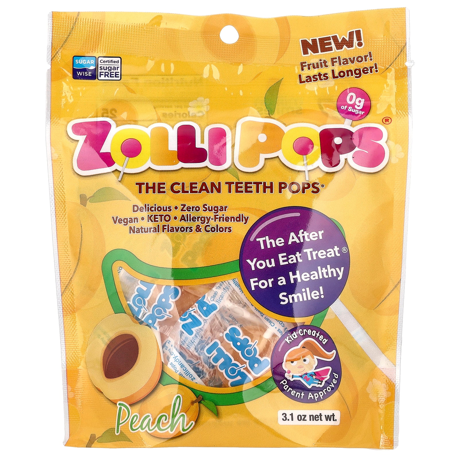 Zollipops The Clean Teeth Pops, Peach, 3.1 oz