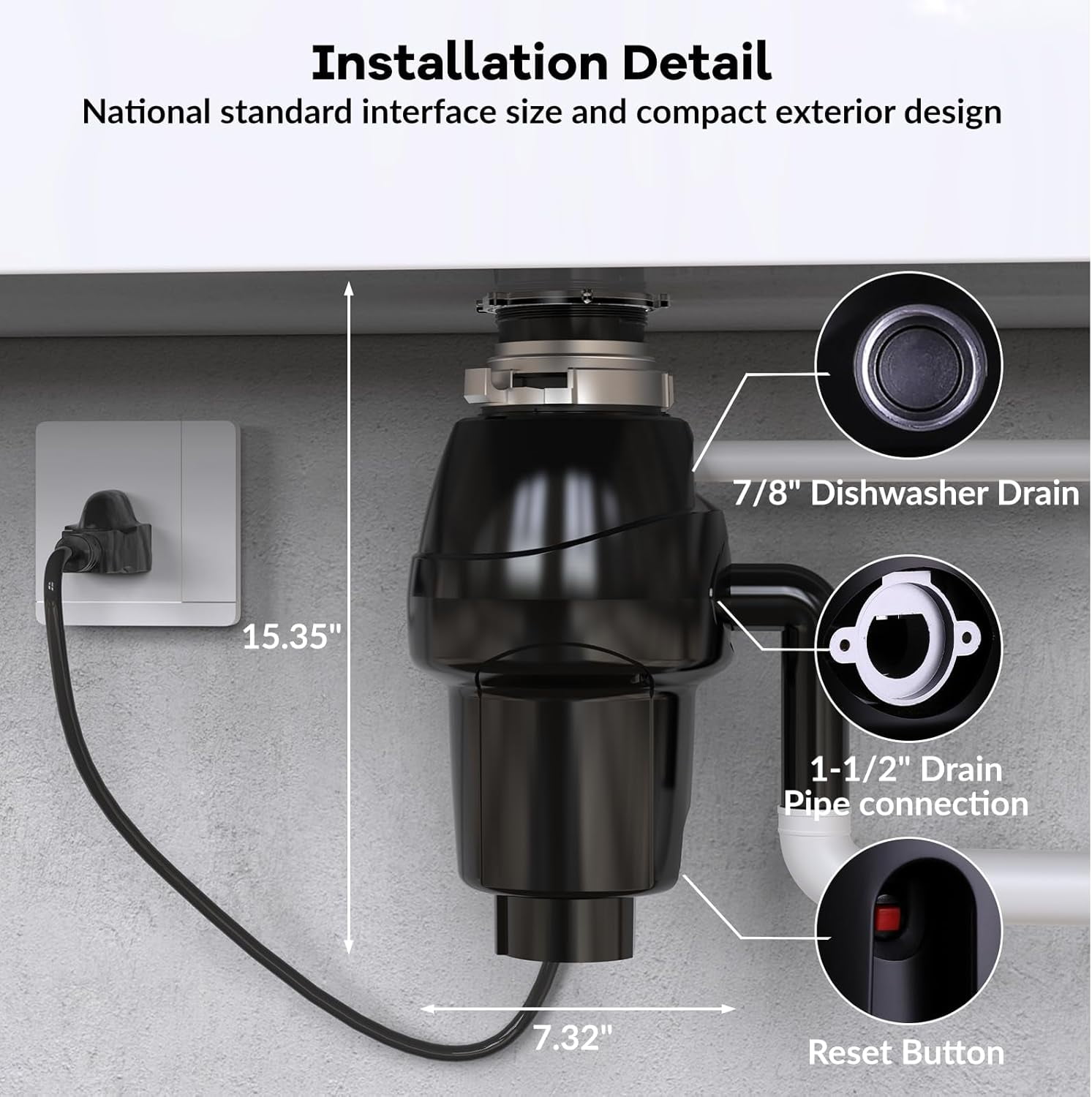 Garvee 1/2 HP Garbage Disposal with Air Switch, 4-Stage Grinding, 3500 RPM, Quiet Food Waste Disposer, Stainless Steel & ABS, for Kitchen, Matte Black