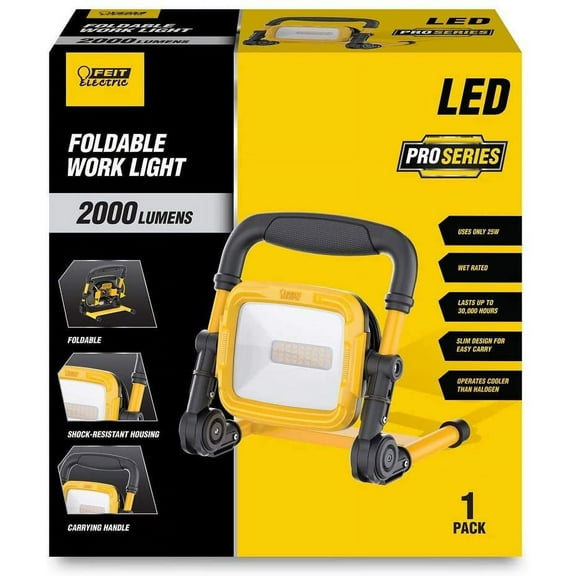 Feit Electric WORK2000XLPLUGFOLD 25W 2000 Lumens ProSeries Ultra Bright Flood Wet Location 5000K Plug-in Portable Foldable LED Work Light, 3.2" L x 8.2" W x 9.1" H, Black/Yellow