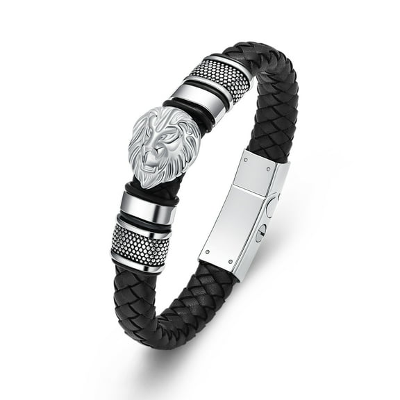 Lion Head Cremation Urn Bracelet for Ashes Stainless Steel Urn Bangle Braided Leather Wristband Cuff Bangle Urn Bangle Bracelet for Women Men