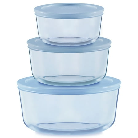 Pyrex Simply Store Tinted 6-Piece Round Glass Storage Set with 2c/4c/7c and Airtight Lids, Blue