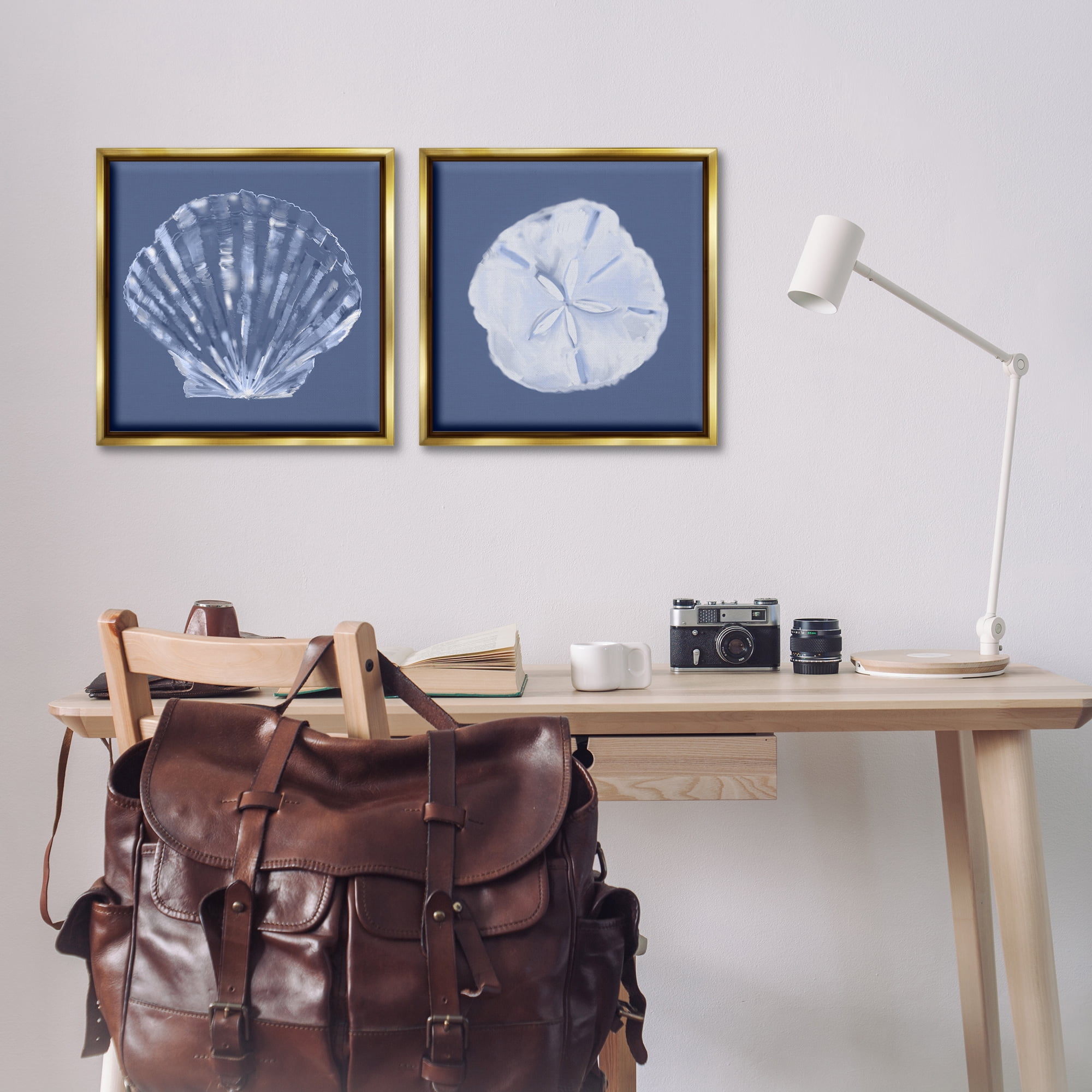 Stupell Industries Denim Sand Dollar & Scallop Nautical & Beach Painting Gold Floater Framed Canvas Art Print Wall Art, 18 x 18, Set of 2