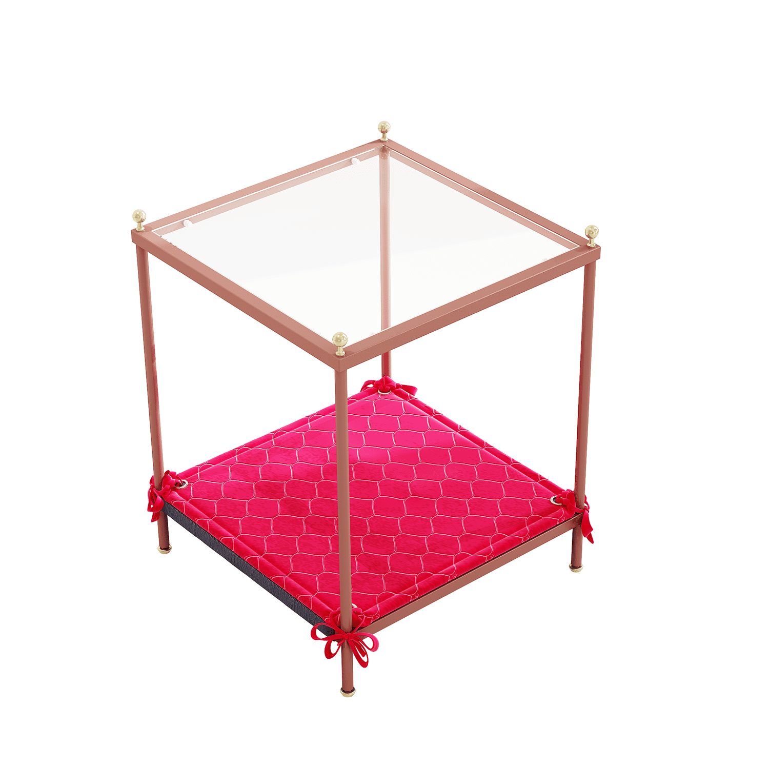 Kadyn Modern Square Coffee Table, Glass Coffee Table for Living Room, Carbon Steel 2-Tier Tea Table & Pet Sharing Table （Provide pet mat）, Rose Gold