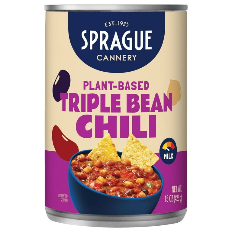 Sprague Foods' - Triple Bean Chili in an Easy Open 15oz Can. Vegan