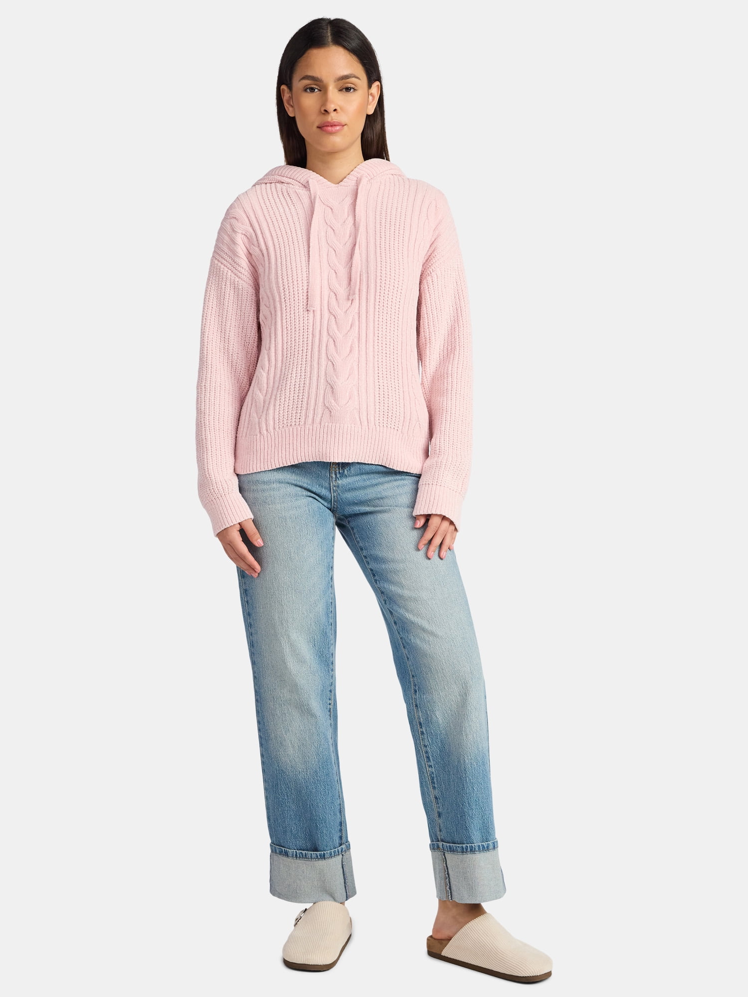 Time and Tru Women's Velveteen Hoodie Pullover Sweater with Long Sleeves, Sizes XS-XXXL